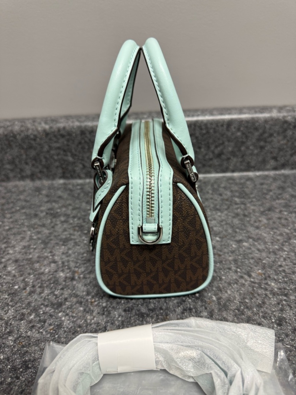 NWT Michael Kors Bedford Legacy XS Logo Duffle Crossbody Bag Brown/Aqua Blue 178 - Picture 5 of 16